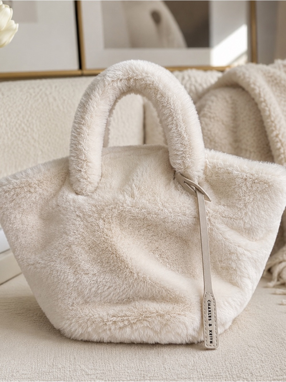 Charles & Keith Plush Faux-Fur Cream Tote Bag